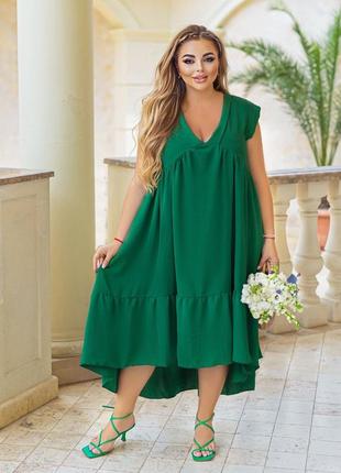 Сукня максі вільного силуету v-подібний виріз пройма оброблена манжетом спідниця розкльошена з воланом на спинці подовжена тканина американський креп