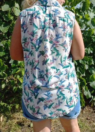 Классная удлиненная блуза без рукавов на пуговицах принт фламинго2 фото