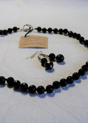 Распродажа! новый набор бусы ожерелье + серьги натур камень черный граненный агат5 фото