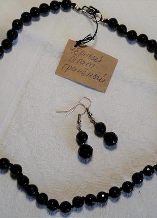 Распродажа! новый набор бусы ожерелье + серьги натур камень черный граненный агат4 фото