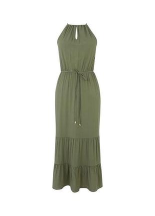 Oasis оливковое платье миди с поясом5 фото