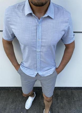 Летняя льняная рубашка мужская с коротким рукавом повседневная голубая / качественные мужские рубашки с