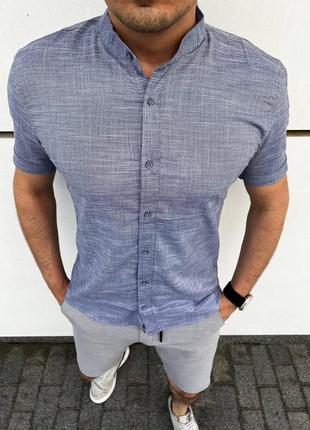 Летняя мужская рубашка из льна с коротким рукавом повседневная серая / качественные мужские рубашки с коротким