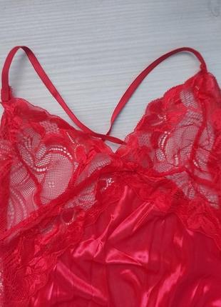 Эротические сексуальные комплект атласный пеньюар трусики стринги кружево красный6 фото