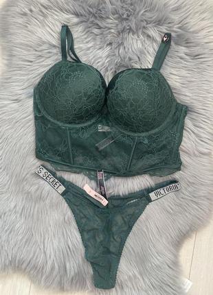 Бюстьє victorias secret, ліф корсет подвійний пуш ап топ з  трусиками стрінгами лого  з камінням оригінал