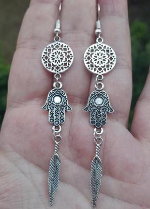 Серьги мандала хамса рука фатимы перо
