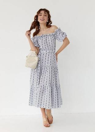 Женское летнее молочное платье миди с открытыми плечами s1 фото