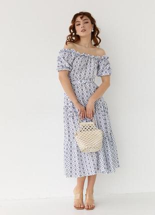 Женское летнее молочное платье миди с открытыми плечами s6 фото