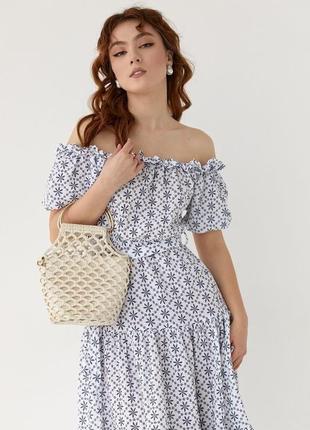 Женское летнее молочное платье миди с открытыми плечами s3 фото