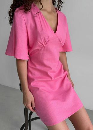 Сукня лляна міні рожева3 фото