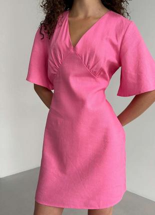 Сукня лляна міні рожева2 фото