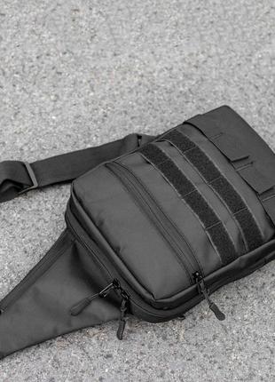 Нагрудная сумка слинг через плечо с кобурой на липучке черная тканевая тактическая  cross body5 фото