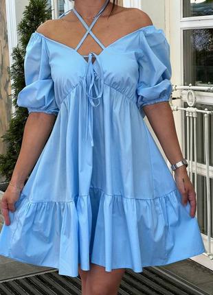Платье мини лиф присобран на резинке и завязках рукав спущенный фонарик юбка расклешонная с воланом по низу ткань турецкий коттон