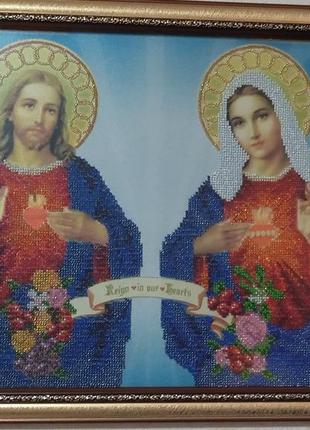 Икона вышита бисером св.сердце иссуса и невинное сердце марии.&nbsp;ас3-034