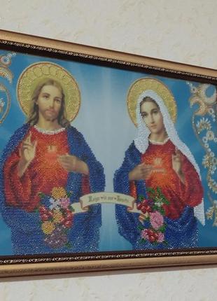 Икона вышита бисером св.сердце иссуса и невинное сердце марии.&nbsp;ас3-034