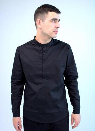 Черная мужская рубашка casual воротничок - стойка