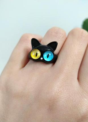 Тренд кольцо черный кот морда котик кольцо кольца черная с ушками желто-голубой