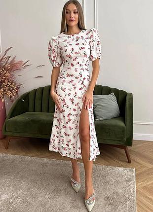 Ідеальна сукня довжина міді, квітковий принт, рукавчики фонарики і розріз3 фото