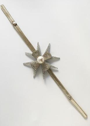 Золотой/ кожаный/дизайнерский браслет / крупный жемчуг / мальтийский крест4 фото