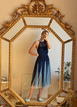 Платье вечернее платье вечернее миди фатин сетка темно синие с нежно голубыми вставками на тонких завязках открытая спинка asos1 фото