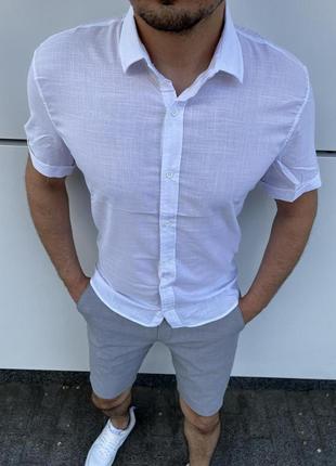 Літня чоловіча сорочка з льону з коротким рукавом на кожен день біла / якісні льняні сорочки для чоловіків