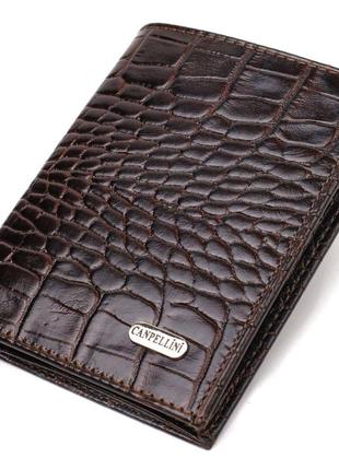 Компактний чоловічий гаманець із натуральної шкіри з тисненням під крокодила canpellini 21871 коричневий