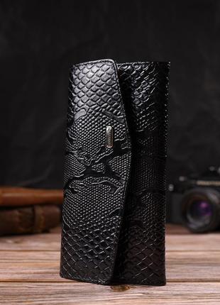 Фактурное женское лакированное портмоне из натуральной кожи с тиснением под змею canpellini 21700 черное6 фото