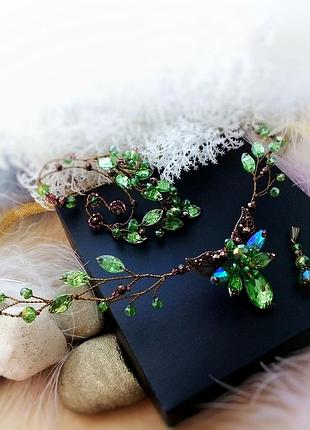 Эльфийская ветка тиара диадема комплект салатовый бронзовый каффа накладные уши эльф...