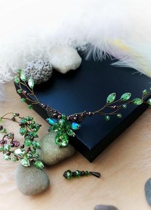 Эльфийская ветка тиара диадема комплект салатовый бронзовый каффа накладные уши эльф...