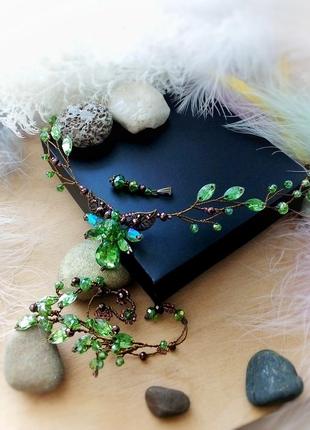 Эльфийская ветка тиара диадема комплект салатовый бронзовый каффа накладные уши эльф...