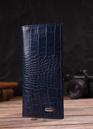 Красивый мужской вертикальный бумажник из натуральной кожи с тиснением под крокодила canpellini 21901 синий6 фото
