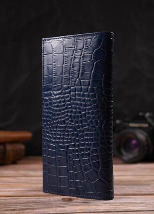 Красивый мужской вертикальный бумажник из натуральной кожи с тиснением под крокодила canpellini 21901 синий7 фото
