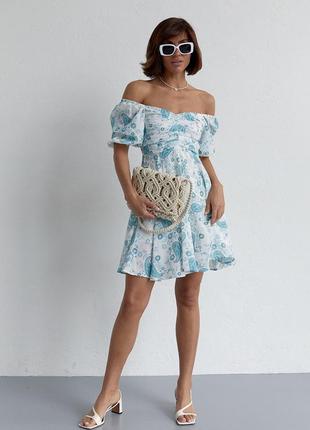 Женское бирюзовое шифновое летнее платье мини с драпировкой спереди1 фото