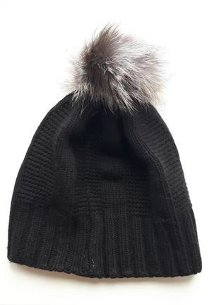 Женская теплая шапка с натуральным  помпоном( осень-зима)2 фото