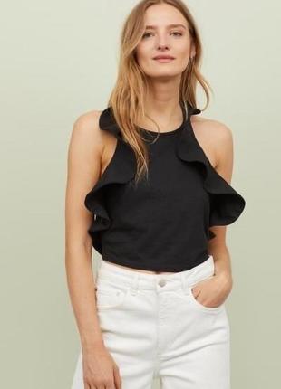 Чёрный летний топ h&m xs xxs s блуза с объемными рюшами короткая блуза с открытой спиной на завязке