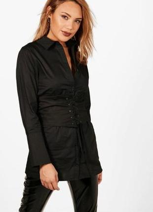 Очень сильная рубашка с корсетом, чёрная рубашка, платье-рубашка, блузка с корсетом3 фото