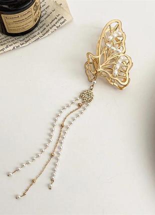 Металева шпилька-крабик метелик із перлами для волосся золотого кольору з підвіскою