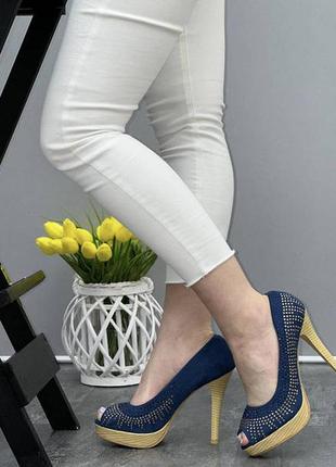 Жіночі сині туфлі на каблуку шпилька замшеві(розміри  36,37,38,39,40,41)