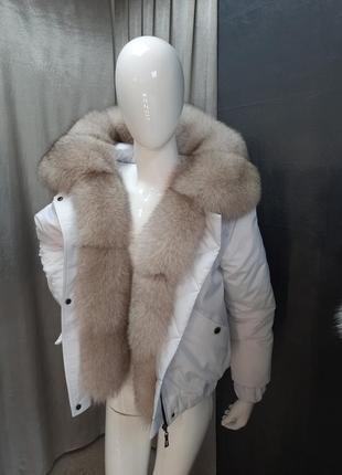 Белая зимняя куртка с натуральным мехом песца, теплая зимняя куртка с мехом2 фото