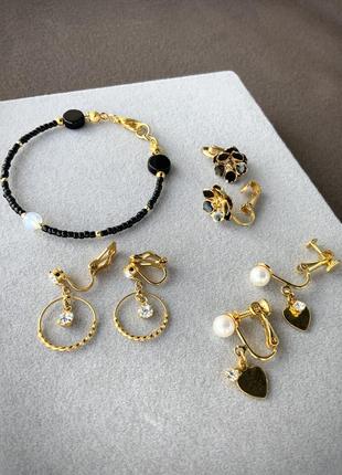 Кліпси набор японія браслет чорний золотий емаль квітка