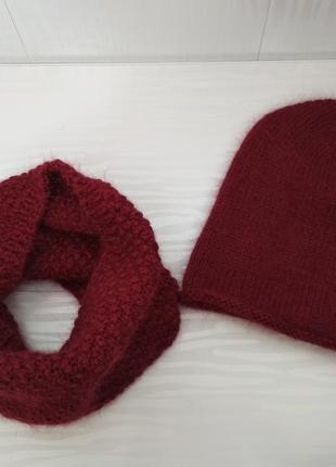 Зимний вязаный комплект шапка + снуд пух норки марсала бордовый снуд hand made4 фото