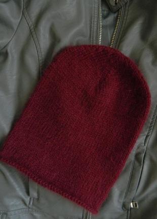 Зимний вязаный комплект шапка + снуд пух норки марсала бордовый снуд hand made8 фото