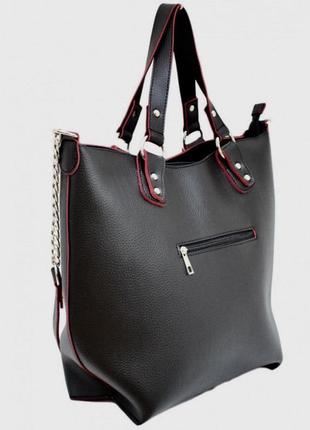 Чёрная женская молодёжная деловая сумка шоппер с короткими ручками или ремнём на плечо3 фото