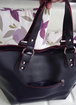 Чёрная женская молодёжная деловая сумка шоппер с короткими ручками или ремнём на плечо6 фото