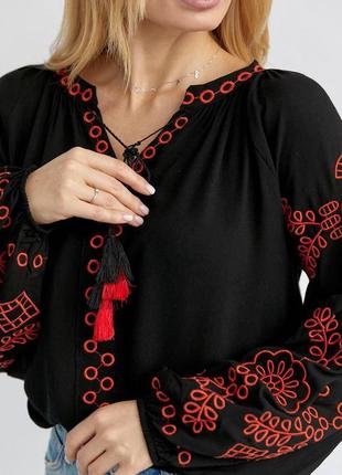 Стильная женская черная вышиванка/рубашка с красным узором, хлопок на лето-женскую одежду4 фото