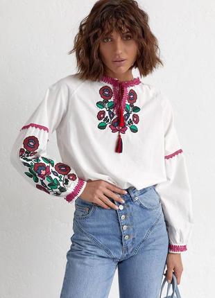 Роскошная хлопковая блуза вышиванка белая с вышивкой народная украинская этническая...