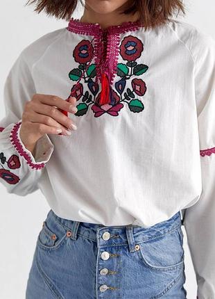 Роскошная хлопковая блуза вышиванка белая с вышивкой народная украинская этническая...