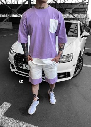 Костюм мужской футболка и шорты 2х-х нить топ качество туречки фиолетовый с белым