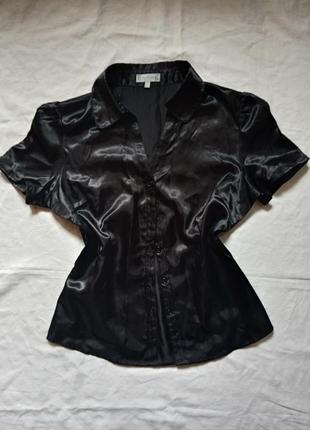 Базова блузка атласна блуза чорна жіноча сорочка рубашка чорная женская класическая на работу короткий рукав