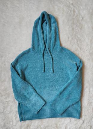 Блакитний светр із капюшоном худі велюр оверсайз кофта в'язана синель бірюзовий світшот толстовка5 фото